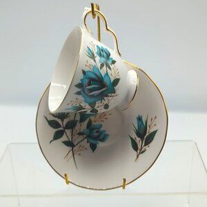 Royal Vale Teacup & Saucer Fine Bone China Made in England Floral Gold Trim